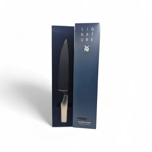 WMF Ultimate Black Kochmesser 34 cm - Premium Küchenmesser mit Diamond Cut - Kochmesser aus geschmiedetem Spezialklingenstahl mit diamantähnlicher Beschichtung. Ergonomischer Griff und sicherer Fingerschutz für komfortables Schneiden. Ideal für alle Zutaten in der Küche.