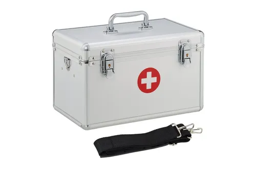Relaxdays Erste-Hilfe-Koffer Aluminium, ohne Füllung - Erste-Hilfe-Koffer ohne Füllung aus hochwertigem Aluminium, abschließbar mit ergonomischem Griff und Schultergurt, ideal für Betrieb, Logistik oder Büro.