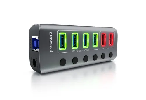 Primewire USB-Adapter 6 Port Hub, 120 cm - USB-Adapter mit 6 Ports und aktivem Netzteil, ermöglicht schnelle Datenübertragung bis zu 5 Gbit/s, ideal für vielseitige Anschlussmöglichkeiten.