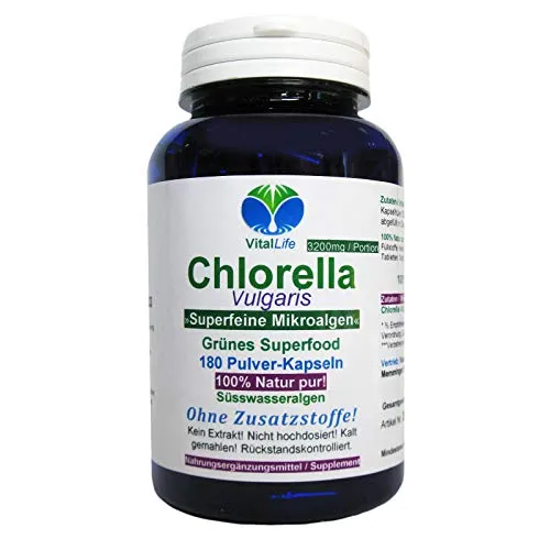 Chlorella Vulgaris 180 Pulver Kapseln Natur Pur NICHT hochdosiert KEIN Extrakt OHNE Zusatzstoffe OHNE Füllstoffe. 26405