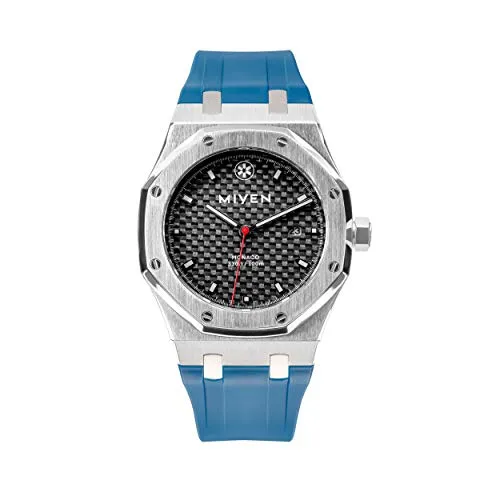 MIYEN MUNICH Monaco Herren Uhr – Karbonziffernblatt mit Miyota Quarz Präzisionslaufwerk Saphirglas & Datumsfunktion – Silber Uhr Herren