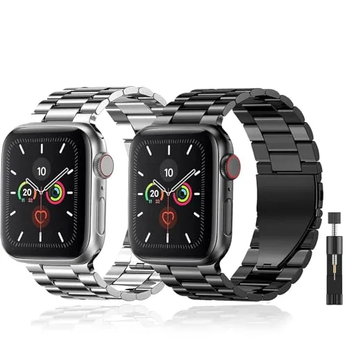 baklon 2 Stuck Armband Kompatibel mit Apple Watch Armband Series SE3 2 1/ Ultra3 2 1/11 10 9 8 7 6 5 4 3 2 1, 42mm(Series 3/2/1)/44mm/45mm/49mm/46mm, Edelstahl Metall Ersatzarmbänder, Schwarz Silber