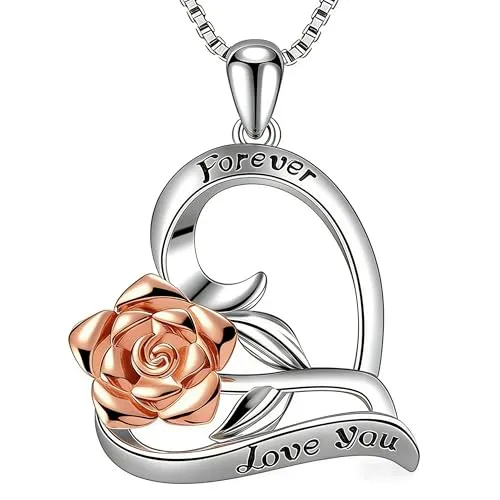 SWEETIME 925 Sterling Silber Halskette Damen, Rosenherz Anhänger mit “Forever ” “Love You”Gravur, Nickel frei, Geschenk für Freundin Mutter, Valentinstag Geburtstag Weihnachten 45cm