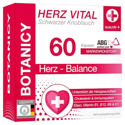 Botanicy Herz Vital Schwarzer Knoblauch Kapseln - Pflanzliches Ergänzungsmittel mit Vitamin K für ein gesundes Herz und gesunde Blutgefäße, 60 KAP, ideal für Herren.