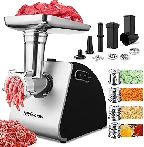 COOCHEER Fleischwolf Elektrisch 5 in 1 Multi Küchenmaschine Fleischzerkleinerer Wurstmaschine Edelstahl mit 3 Lochscheiben, 4 Kegel-Klingen, Wurstfüller und Gebäck Aufsatz für Haus