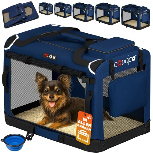 Cadoca Tiertransportbox S 50x34x36cm - Faltbare Hundebox in Navy Blau, ideal für Reisen und Ausflüge, bietet Sicherheit und Komfort für Ihren Vierbeiner.
