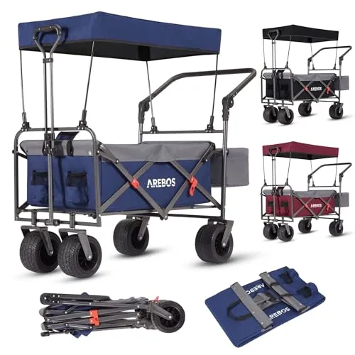 Arebos Bollerwagen faltbar mit Dach – Luxus Handwagen für jedes Abenteuer - Handwagen mit XXL Tasche und 360° drehbaren Offroad-Rädern, ideal für Camping, Einkaufen oder Outdoor-Aktivitäten – bis 100 kg belastbar und einfach faltbar.