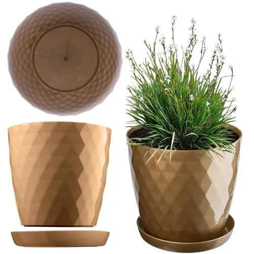 KADAX Blumentopf mit Untersetzer aus Kunststoff Ø14cm, Gold, Pflanzkübel für Innen- & Außenbereich, auch ideal für Badezimmer oder Toilette lebendige Farben bringen frische Akzente in Ihr Zuhause