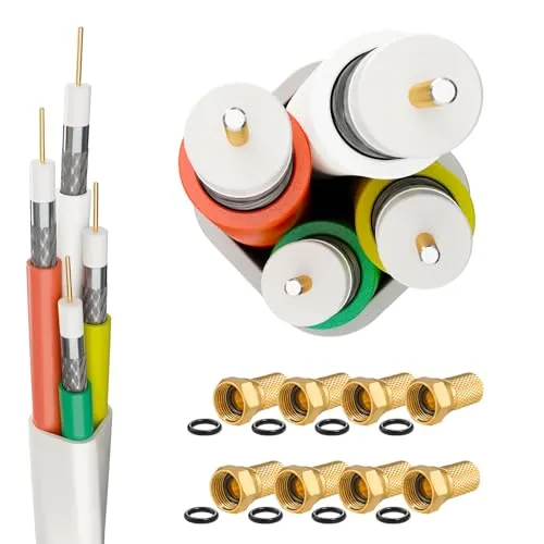 HB-DIGITAL 10m Quattro-Kabel Koaxial SAT 4-Fach Kabel Weiß 4-in-1 für Ultra HD 4K DVB-S / S2 DVB-C und DVB-T / T2 BK Anlagen + 10 vergoldete F-Stecker SET Gratis dazu (Quattro, Quad Kabel)