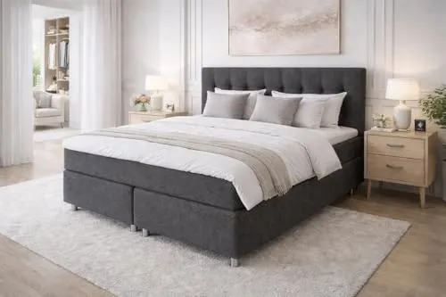 Tesla Dreams Boxspringbett 200x200 Ronda, 7 Zonen Taschenfederkern-Matratze H3/H4, 5 Jahre Garantie, Topper MemoLUX-12 cm, Unterbau Taschenfederkern, Montage verfügbar, Anthrazit