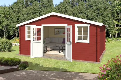 Gartenhaus Blockhaus Udo 380 rot 500x400 cm - Hochwertiges Blockhaus mit Satteldach, 28 mm Wandstärke und 2 Einzelfenstern. Ideal für Gartenlager oder als Rückzugsort. Abschließbar und großzügige Nutzfläche von 17,76 m².