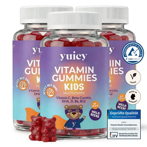 yuicy Multivitamin Komplex für Kinder - 180 hochdosierte Gummibärchen - Nahrungsergänzungsmittel für Kinder ab 2 Jahren, vegan und mit einzigartiger Raumtemperatur-Herstellung für hohe Bioverfügbarkeit. Enthält essenzielle Vitamine und Mineralien zur Unterstützung von Wachstum und Immunabwehr.