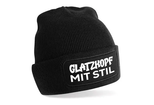 Herzbotschaft Beanie Strickmütze mit Spruch GLATZKOPF MIT STIL (Mütze mit Aufdruck, Skimütze) Unisex SoftTouch angenehm weiche und warme Wintermütze Einheitsgröße