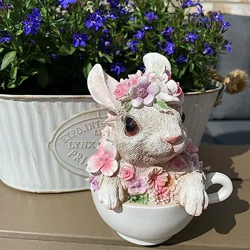 OF Süsse Gartenfiguren für außen - Hase, Schwein, Schaf, Lamm mit Blumenwiese - Garten Deko Tiere Figuren - 15 cm groß (Häschen)