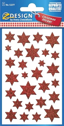 AVERY Zweckform 28 Aufkleber Weihnachten Sterne rot (Weihnachtssticker aus Glitzerfolie, selbstklebende Weihnachtdeko für Karten, Geschenke, Tüten) 1 Bogen/28 Sternsticker, 52277