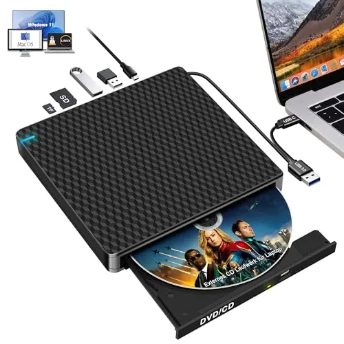 NOLYTH Externes DVD Laufwerk USB C CD/DVD Brenner Player für Mac Laptop | CD Laufwerk Extern Leise mit 2 USB Ports SD/TF Slot für MacBook Apple PC Windows 11, Slim Externe Optische Laufwerke Reader