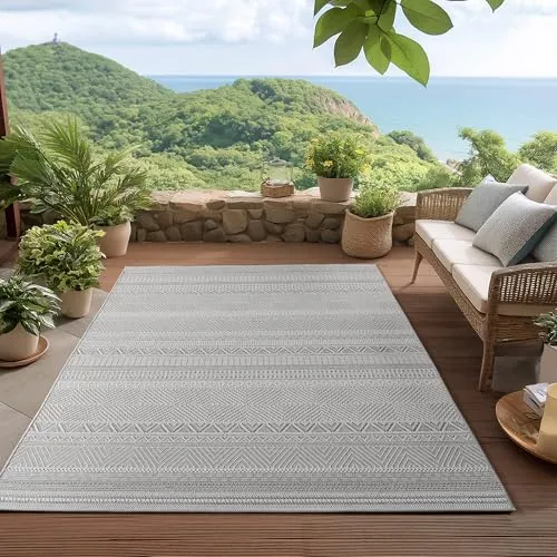 HomebyHome Outdoor Teppich Grau 240x340 cm, Wetterfest & UV-beständig, ideal für Küche, Balkon, Terrasse, Garten auch Wohnzimmer und Esszimmer, Skandinavisches Boho-Design, Leicht zu Reinigen