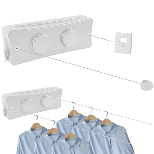 Yallmie 5,1m Wand Wäscheleine Ausziehbar Edelstahl, Doppelseil Einziehbare Wäscheleine Tragfähigkeit 44 Pfund Retractable Clothesline Indoor für Balkon Waschküche Hotel Badezimmer Schlafzimmer