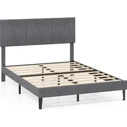 COSTWAY Polsterbett mit Lattenrost & höhenverstellbarem Kopfteil in Leinenstoff, Bettrahmen Bettgestell Holz ohne Matratze Grau 140x200cm - Dunkelgrau