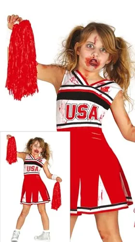 Fiestas Guirca Kostüm - Zombie Cheerleader Kleid für Kinder 10-12 Jahre, leuchtendes Rot und perfekt für Halloween Feiern