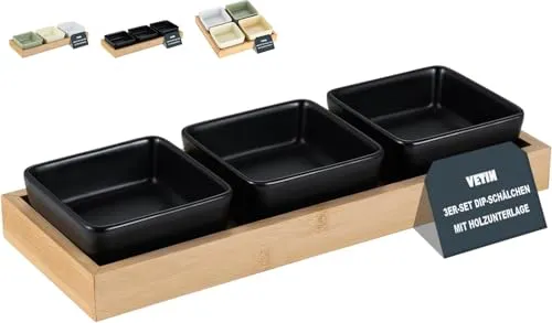 VETIN 3 * Dipschalen Set mit Brett Holz, Servierschalen Set, Snackschalen (Schwarzes 3er-Set)