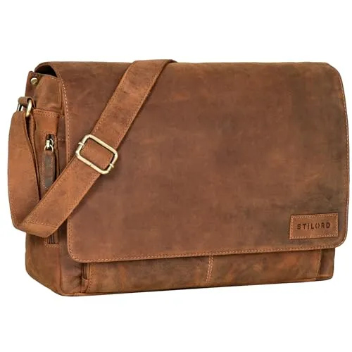 STILORD 'Rick' Schultertasche aus Leder für 15,6 Zoll Laptop - Laptop-Schultertasche aus hochwertigem Büffel-Leder mit gepolstertem Fach für Notebooks und breiten Aktenordner. Ideal für Büro und Freizeit, inkl. verstellbarem Schultergurt.