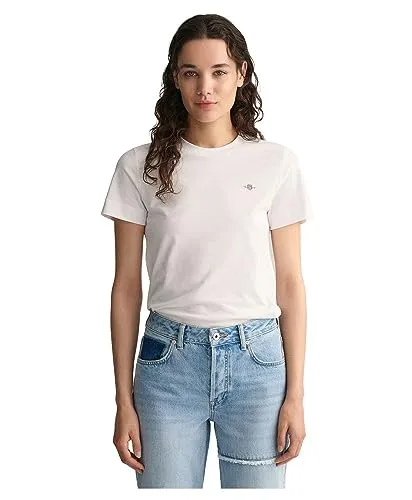 GANT Damen REG Shield SS Logo T-Shirt, White, S - T-Shirt für Damen mit Gant Logostickerei und Kellerfalte am Rücken für einen lässigen Look und optimalen Tragekomfort.