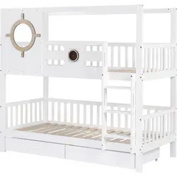 Etagenbett,Kinderbett mit Dach und Fenster,mit Fallschutzgitter,stabiles Geländer, Zwei Schubladen mit Rollen, Reichlich Stauraum, Kiefer+MDF - Weiß