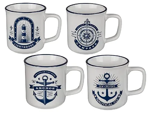 Becher Tasse Kaffebecher Kaffetasse Aus Steingut 4er-SET Maritim Küstendesign Geschenk Geschenkidee Nordsee Ostsee Dekorativ Meer Anker Leuchturm