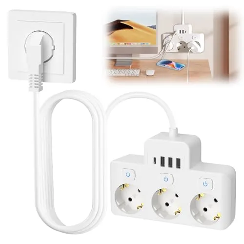 Nizirioo Steckdosenleiste 3-Fach, Steckdosenleiste mit USB Verteilersteckdose, Steckdose Erweiterungen 3 Steckdosen mit 3 USB & 1 USB-C Ports Steckerleiste Steckdosenadapter für Büro Hause, 1.5m Kabel