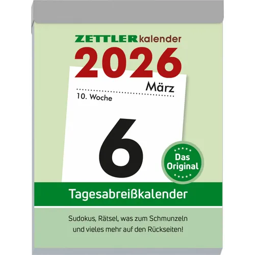 Zettler Tagesabreißkalender XL 2026 - Kalender mit 1 Tag/1 Seite, Maße: 8,2x10,7cm, inklusive Sudokus, Rezepten und Rätseln auf den Rückseiten für tägliche Unterhaltung.