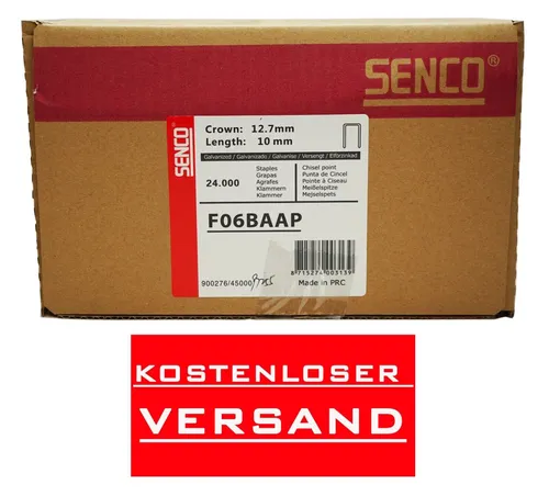 Senco F06BAAP Heftklammern Typ F 10mm - Druckluft-Nagel- & Klammergeräte, 24.000 verzinkte Heftklammern für langlebige Befestigungen und zuverlässige Ergebnisse.