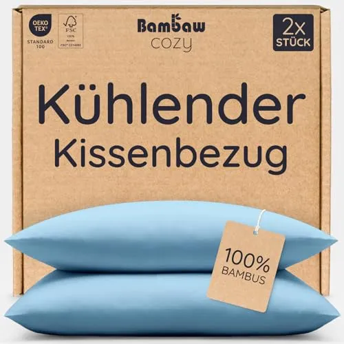 Bambaw Bambus Kissenbezug 40x60 cm, 2-er Pack, kühlende Sommer Bettwäsche, thermoregulierende Kissenbezüge Winter und Sommer, hypoallergene Bettwäsche, nachhaltige Kopfkissenbezüge 40x60 cm (Hellblau)