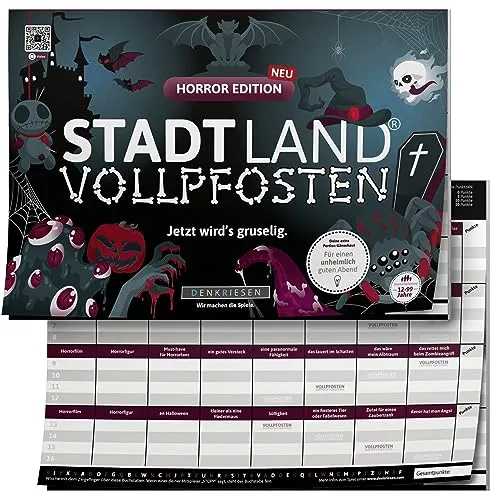 DENKRIESEN - STADT LAND VOLLPFOSTEN - HORROR EDITION - Gesellschaftsspiel für schaurig-schöne Abende, mit 26 kreativen Kategorien rund um Grusel und Horror, ideal für Freunde und Familie.