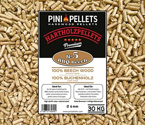 PINI Hartholzpellets № 5 BBQ Beech 30 Kg - Grillpellets aus 100% Buchenholz für intensives Raucharoma. Ideal für Grillen, Räuchern und Heizen. GRATIS Dosierschaufel inklusive!