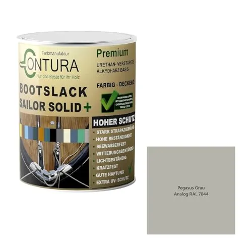 Contura Bootslack Farbig GLÄNZEND Yacht- Buntlack Metall Holz GFK Holzlack Boot Farblos (Pegasus Grau - RAL 7044 Analog, 1 LIter)