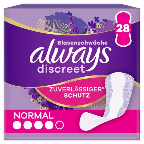 Always Discreet Inkontinenz-Slipeinlagen für Frauen Normal - 28 Stück - Inkontinenzeinlagen mit RapidDry- und OdourLock-Technologie, dünn und flexibel für optimalen Komfort und diskrete Sicherheit bei Blasenschwäche.