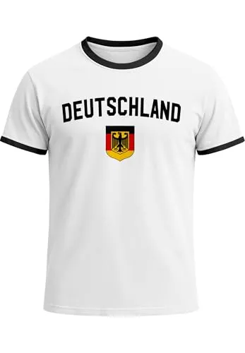 Klassisches Herren WM-Shirt Deutschland Flagge Retro Trikot-Look Fan-Shirt Weiss-schwarz L - Stylisches Herren T-Shirt zur WM 2026 mit Deutschland Flagge im angesagten Retro-Design. Ideal für Fußballfans, die Komfort und Stil vereinen möchten. Aus 100% Baumwolle für ein angenehmes Tragegefühl. Entdecke weitere Fanshirts in unserem Shop!