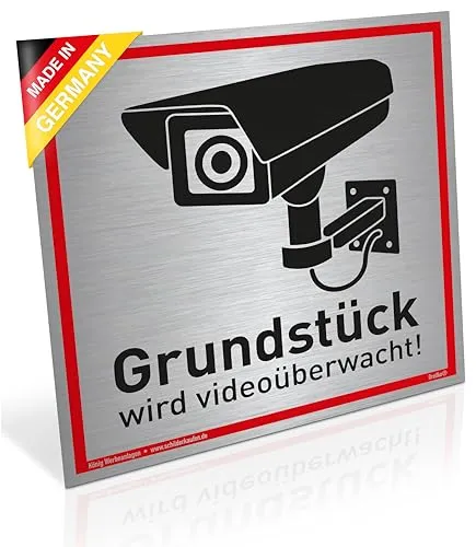Schild Grundstück wird videoüberwacht! | Alu 20 x 20 cm | stabiles Alu Schild mit UV-Schutz | silber gebürstet edle Optik | Videoüberwachung Kameraüberwachung Kameraüberwacht | Dreifke®