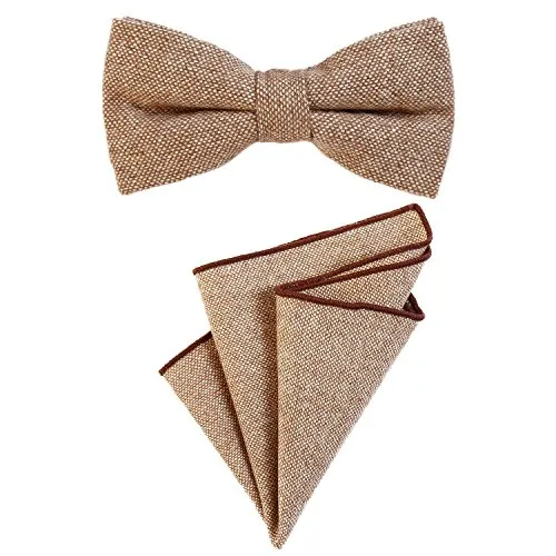 DonDon Herren Fliege 12 x 6 cm gebunden längenverstellbar und Einstecktuch 23 x 23 cm farblich passend aus Baumwolle hellbraun weiß