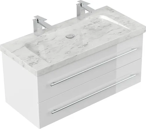 Badmöbel Marmor Carrara White YAMO 100 cm mit SoftClose - Waschbecken aus hochwertigem Marmor Naturstein, langlebig und einzigartig. Der Waschtischunterschrank in hochglänzendem Weiß mit SoftClose-System sorgt für eleganten Komfort im Bad.