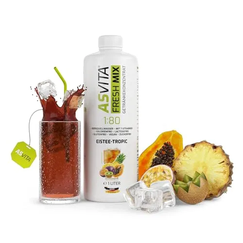 AsVita Sirup/Getränke-Konzentrat Fresh Mix 1:80-1 Liter Flasche - Getränkesirup zuckerfrei - 26 leckere Geschmacksrichtungen (Eistee-Tropic)