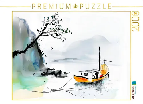 CALVENDO Puzzle Chinesische Dschunke am Ufer eines Sees | 2000 Teile