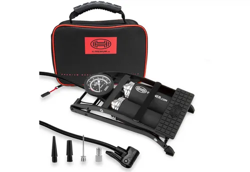 HEYNER® Fußpumpe Doppelzylinder Luftpumpe mit Tasche - Luftpumpen für Fahrrad, Auto und mehr. Die robuste Fußpumpe bietet ein präzises Manometer bis 10 bar und ist ideal für vielseitige Anwendungen.