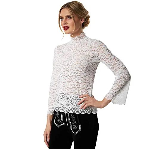 dressforfun 900811 Elegante Spitzen Trachtenbluse, Langarm, Trompetenärmel, Blumenmuster, weiß - Diverse Größen - (S | Nr. 303190)