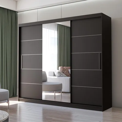 Schwebetürenschrank Alba 250cm mit Spiegel in Schwarz - Geräumiger dreitüriger Kleiderschrank mit Spiegel, ideal für Schlafzimmer und Ankleidezimmer. Elegante Schwebetüren und vielseitige Einlegeböden sorgen für Ordnung und Stil.