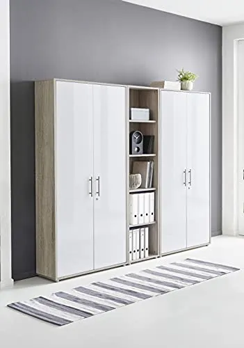 Schrankwand TABOR 10 - Büroschrank abschließbar in Sonoma Eiche/weiß Hochglanz - Home-Office-Aufbewahrungsschränke mit 2 abschließbaren Türen, 3 verstellbaren Einlegeböden und pflegeleichter Oberfläche – ideal für sichere Aktenaufbewahrung.