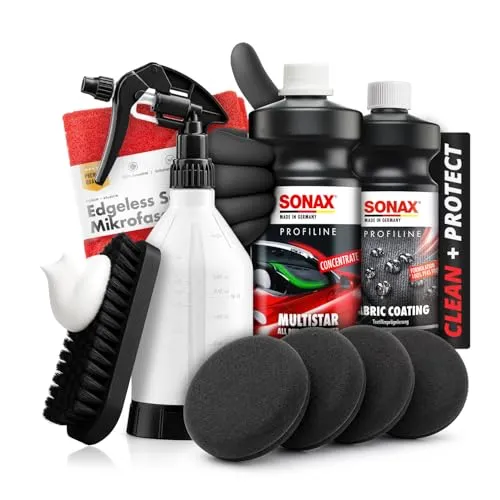 SONAX PROFILINE Textilpflege Set: Multistar Reiniger & Fabric Coating Textilimprägnierung + Sprühflasche, Bürste, Applikatoren & Tuch – für Cabrioverdeck, Alcantara, Autositze, Polster & Innenraum