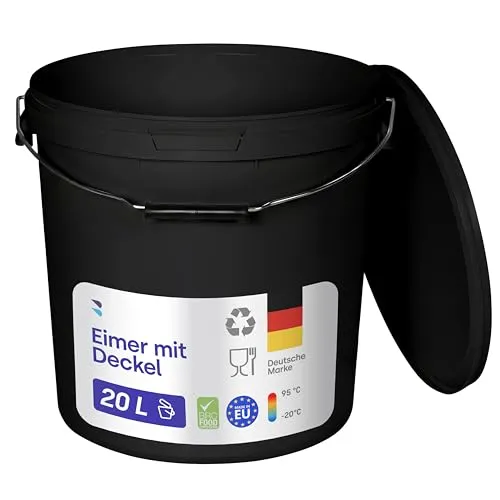 BenBow - Eimer mit Deckel schwarz 100x 20 Liter - lebensmittelecht stabil luftdicht auslaufsicher geruchsneutral - Aufbewahrungsbehälter aus Kunststoff - Metalgriff - Rissfester Griff - zur Hause