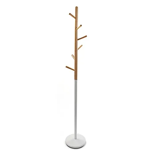 Versa Holstebro Minimalistischer Garderobenständer für den Eingangsbereich, mit 9 Haken für Kleidung oder Taschen für die Halle, Maßnahmen (H x L x B) 180 x 28 x 28 cm, Metall und Holz, Farbe: Weiß